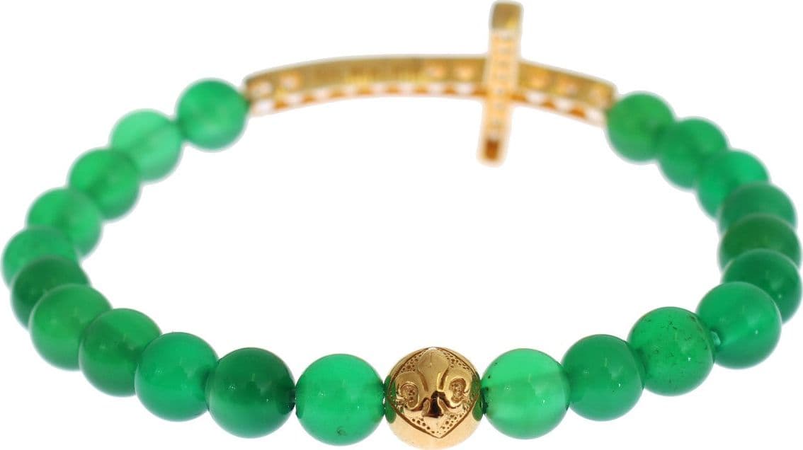 Jade Stone Gold CZ Cross 925 Silver Bracelet - 6