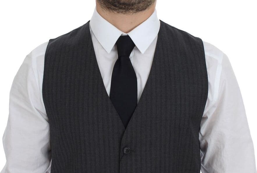 Gray Striped Wool Single Breasted Vest - 2