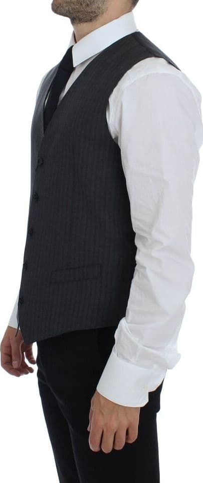 Gray Striped Wool Single Breasted Vest - 6