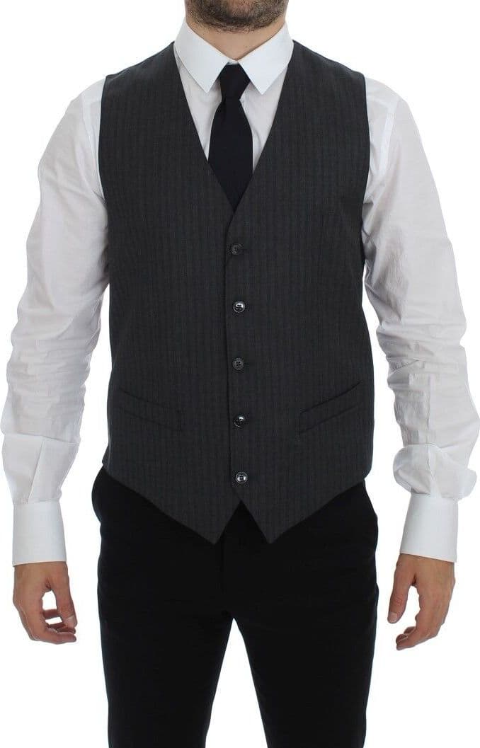 Gray Striped Wool Single Breasted Vest - 7