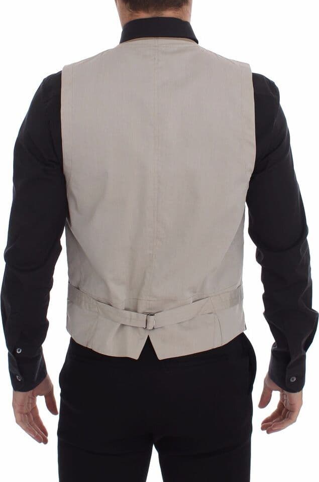 Beige Cotton Slim Fit Button Front Dress Vest - 2