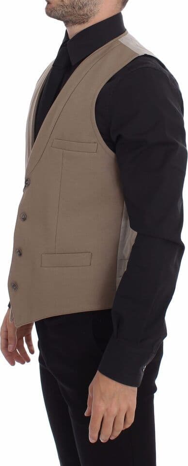 Beige Cotton Slim Fit Button Front Dress Vest - 3