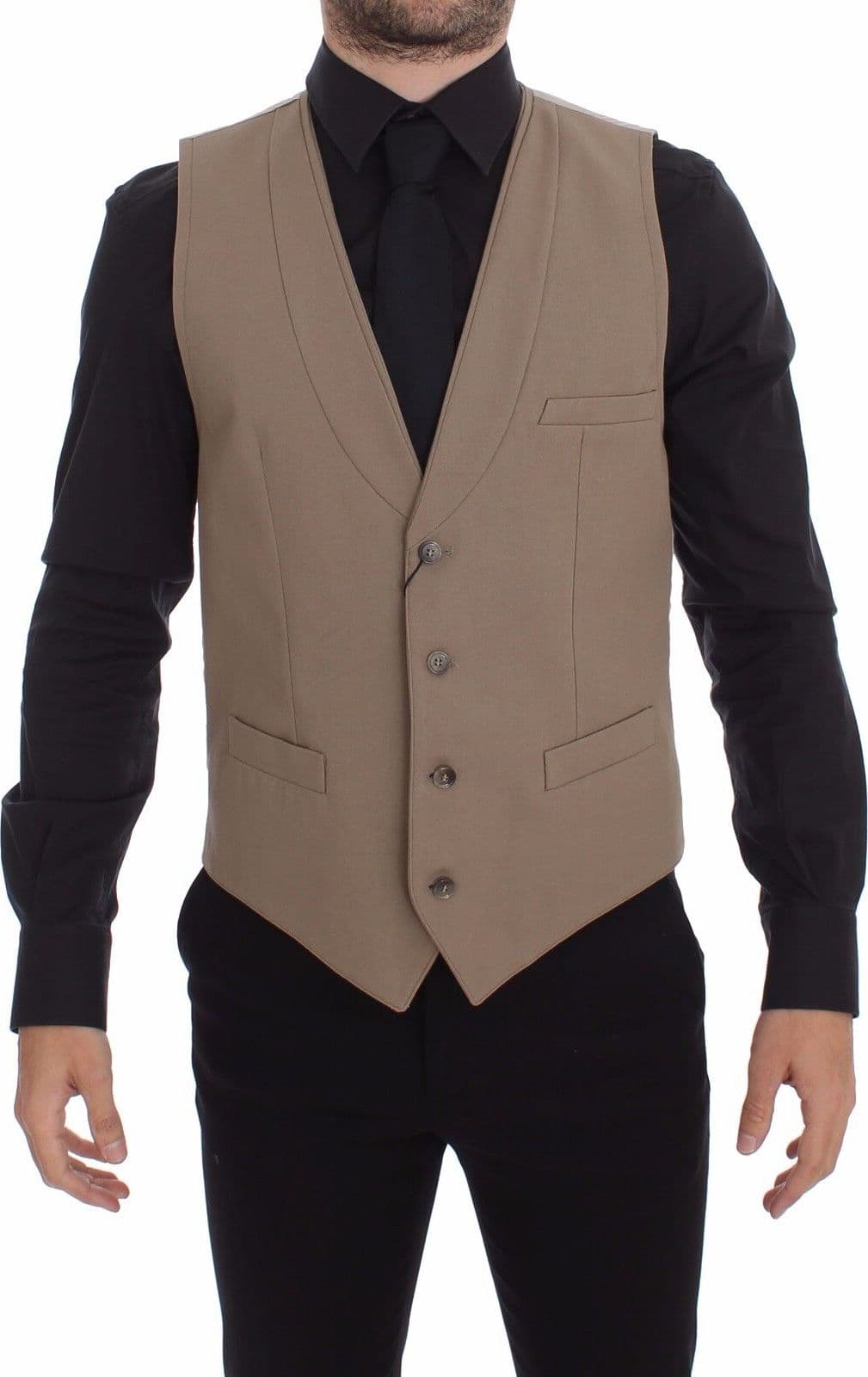 Beige Cotton Slim Fit Button Front Dress Vest - 7