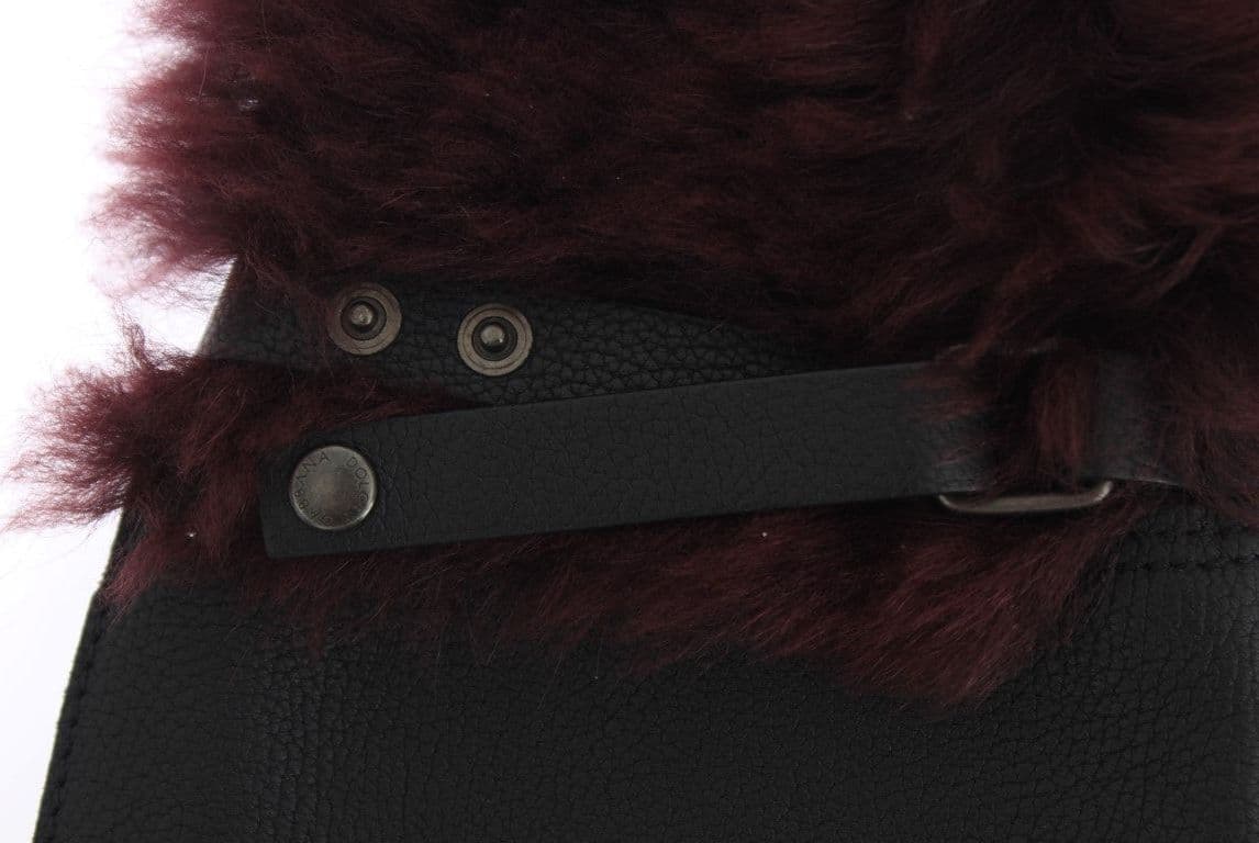 Black Leather Bordeaux Shearling Gloves - 4