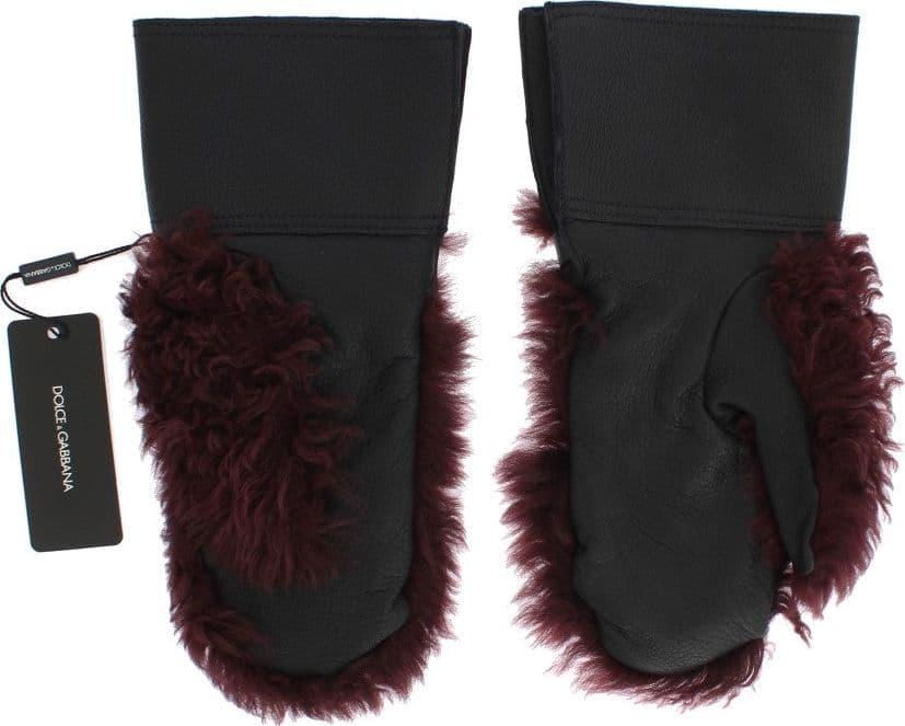 Black Leather Bordeaux Shearling Gloves - 8