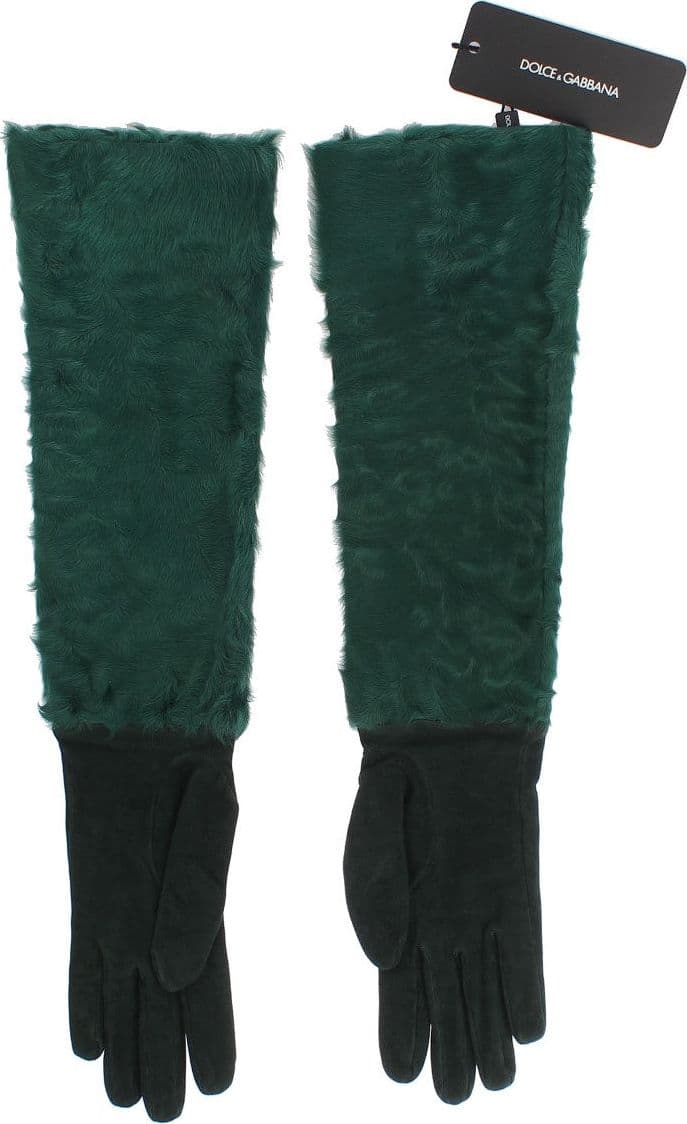 Green Leather Xiangao Fur Elbow Gloves - 4