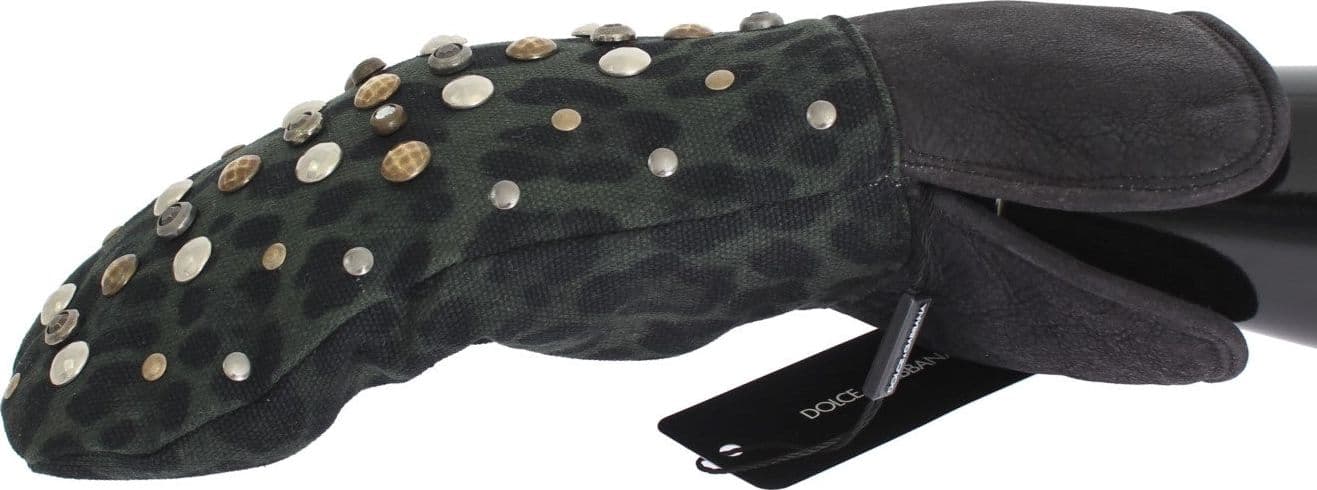 Gray Wool Shearling Studded Green Leopard Gloves - 2