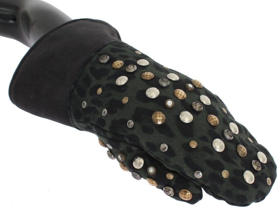 Gray Wool Shearling Studded Green Leopard Gloves - 3