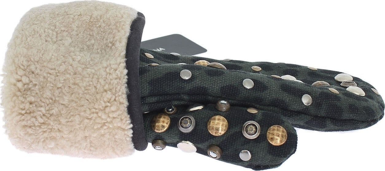 Gray Wool Shearling Studded Green Leopard Gloves - 4