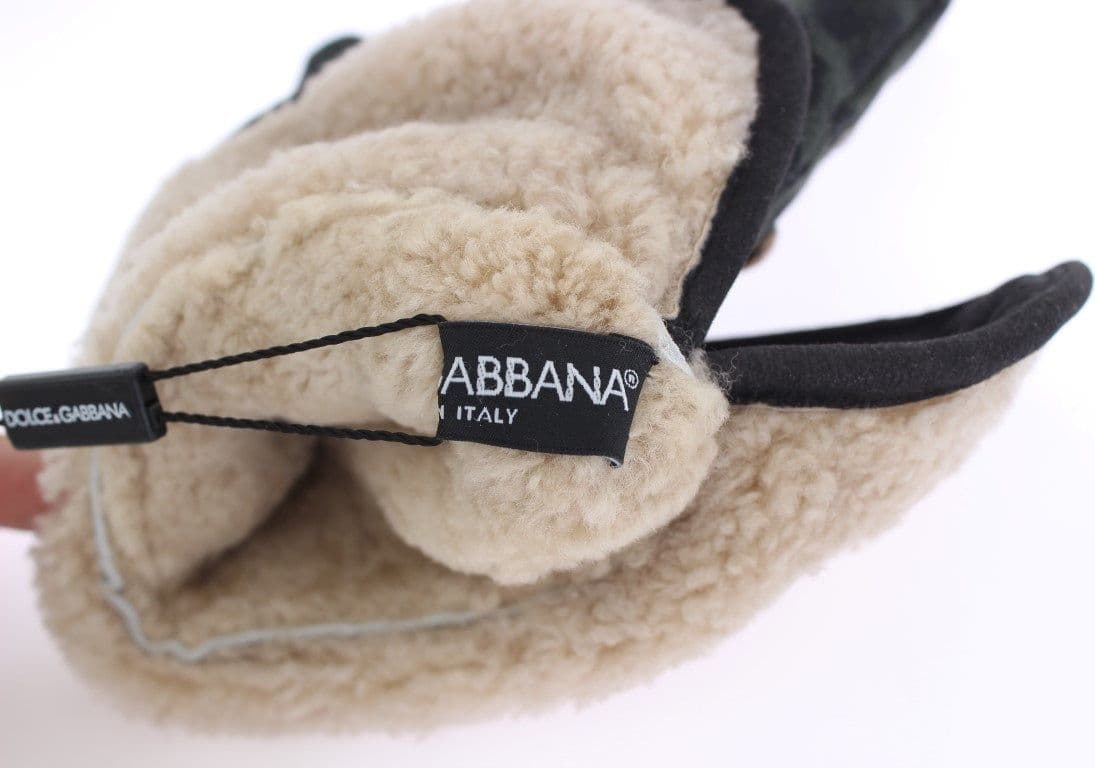Gray Wool Shearling Studded Green Leopard Gloves - 6