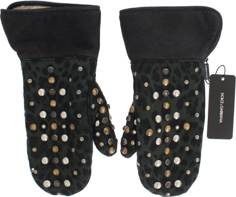 Gray Wool Shearling Studded Green Leopard Gloves - 7