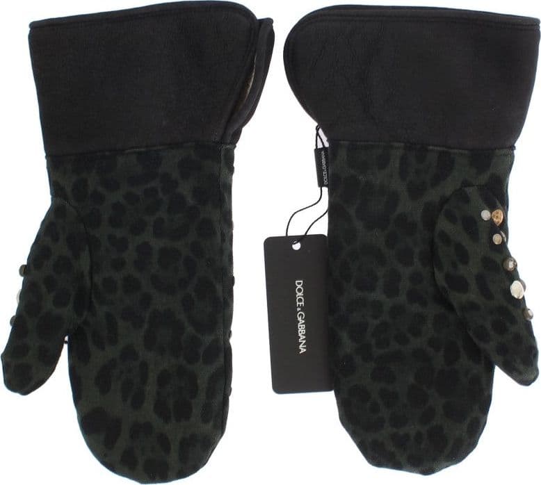 Gray Wool Shearling Studded Green Leopard Gloves - 8