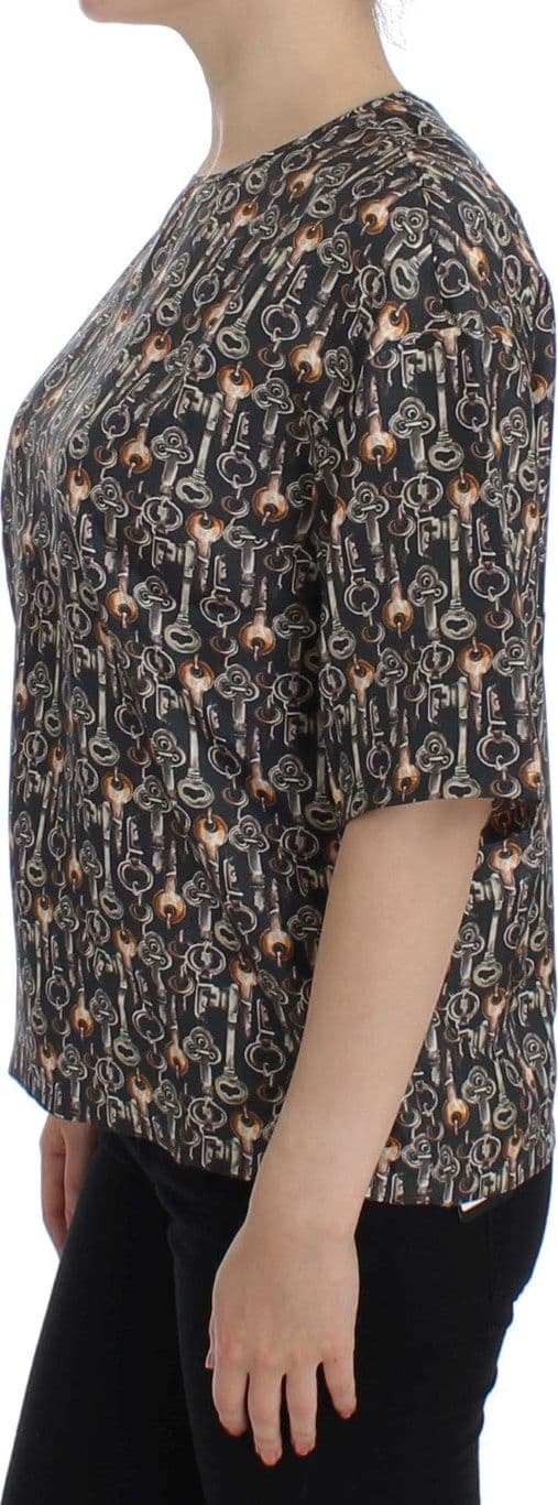 Gray Gold Key Print Silk Blouse T-shirt - 2