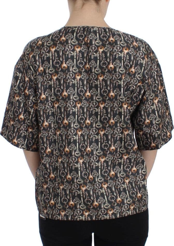 Gray Gold Key Print Silk Blouse T-shirt - 3