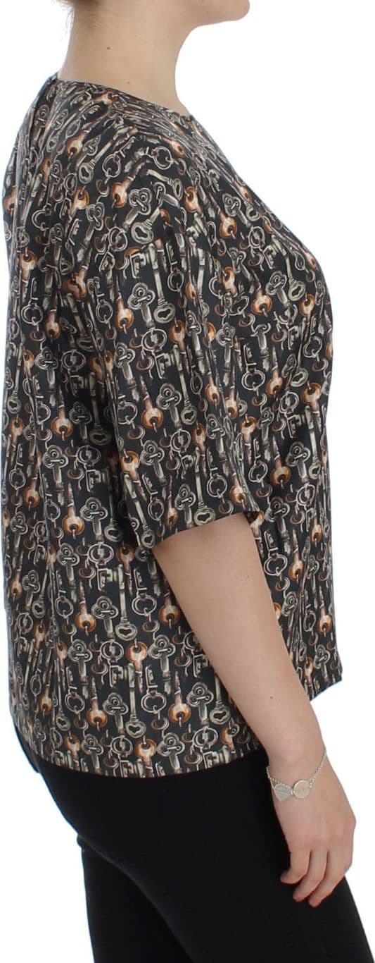 Gray Gold Key Print Silk Blouse T-shirt - 4