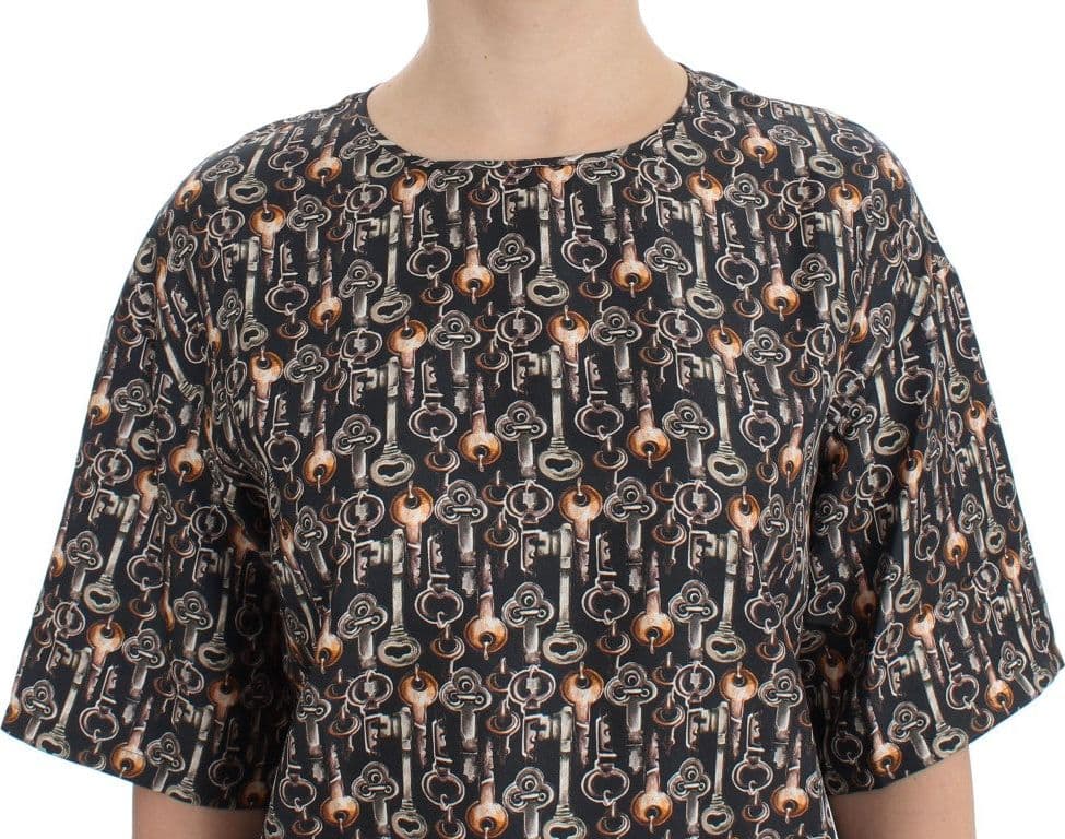 Gray Gold Key Print Silk Blouse T-shirt - 5