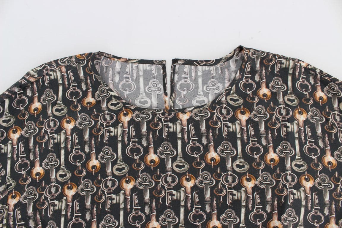 Gray Gold Key Print Silk Blouse T-shirt - 6