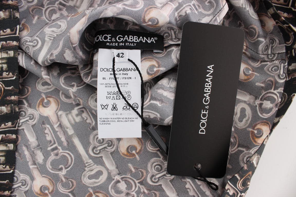Gray Gold Key Print Silk Blouse T-shirt - 7
