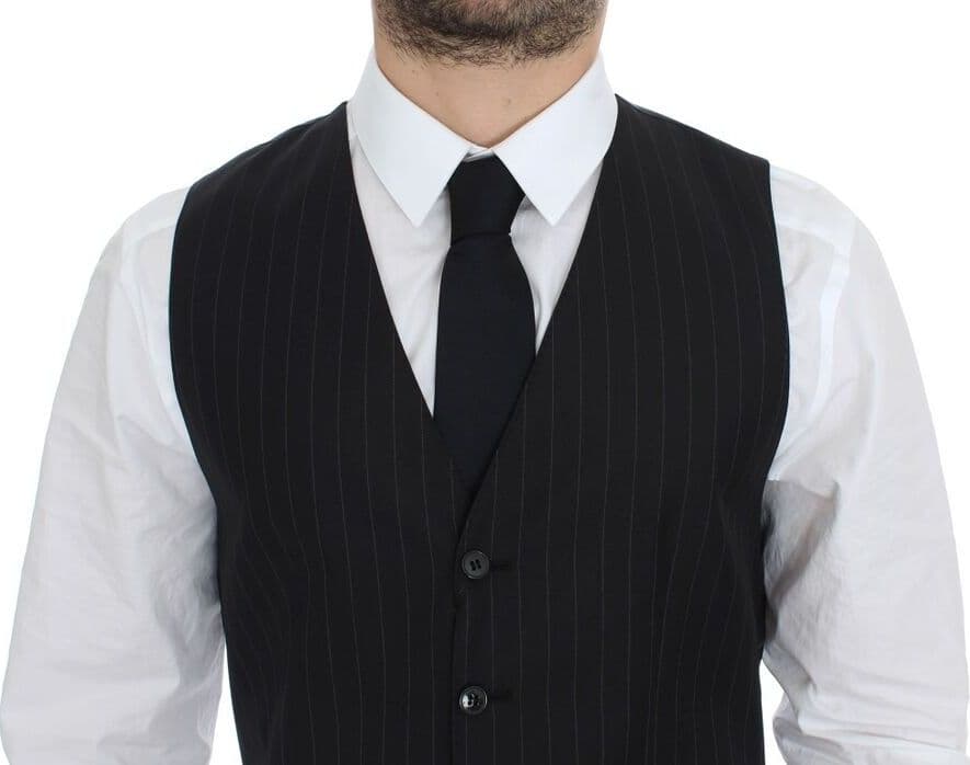 Black Striped Wool Silk Dress Vest Gilet - 5