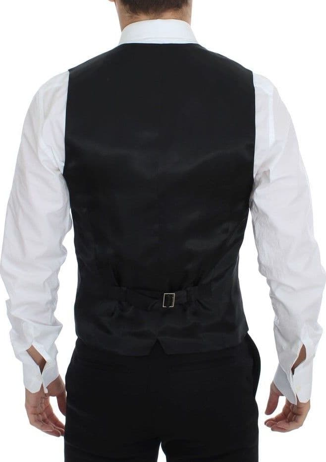 Black Striped Wool Silk Dress Vest Gilet - 6