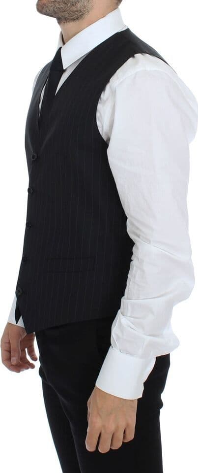 Black Striped Wool Silk Dress Vest Gilet - 7