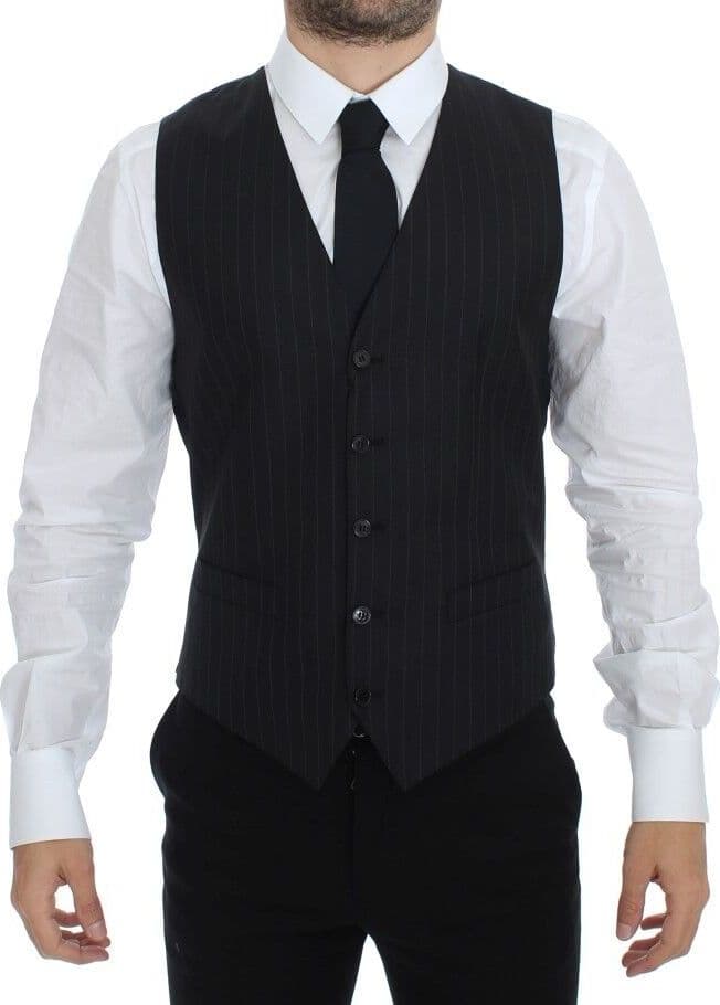 Black Striped Wool Silk Dress Vest Gilet - 8