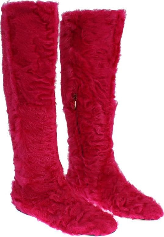 Pink Lamb Fur Leather Flat Boots - 2
