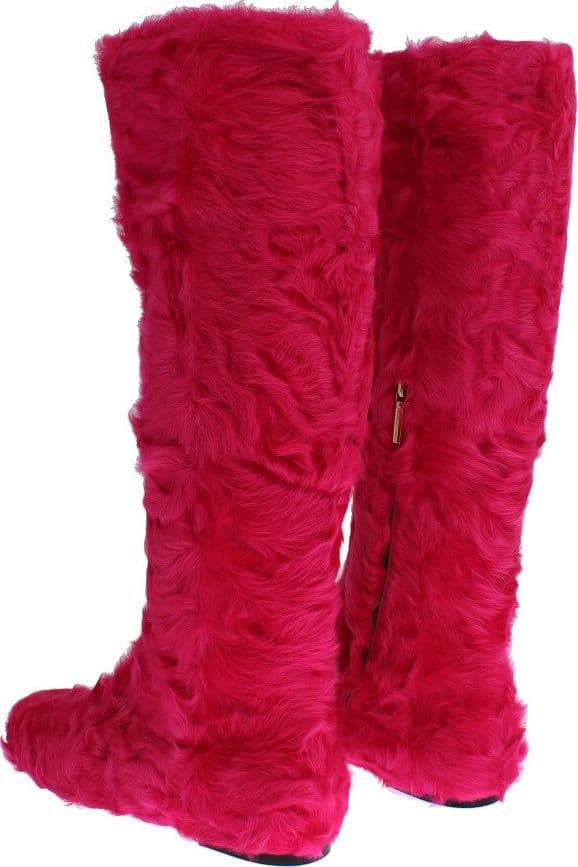 Pink Lamb Fur Leather Flat Boots - 3