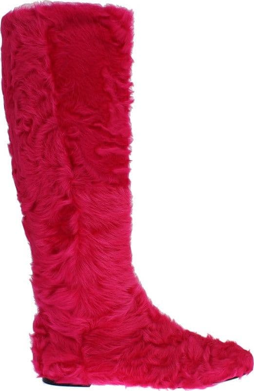 Pink Lamb Fur Leather Flat Boots - 4