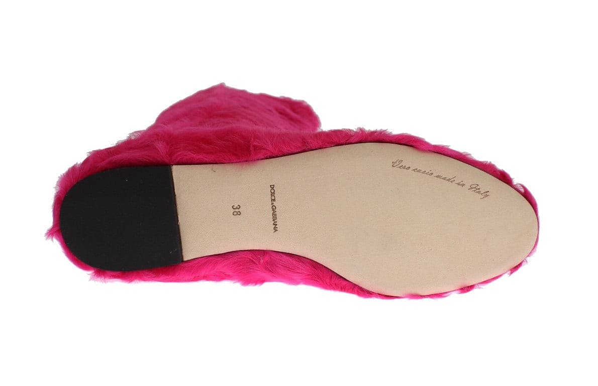 Pink Lamb Fur Leather Flat Boots - 6