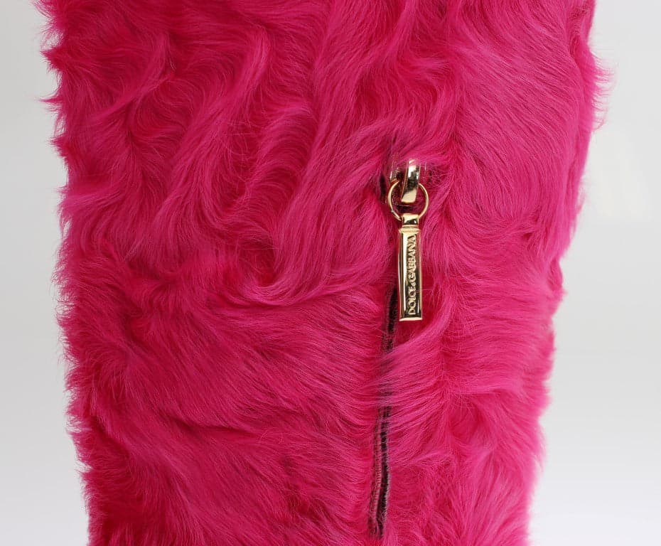 Pink Lamb Fur Leather Flat Boots - 7