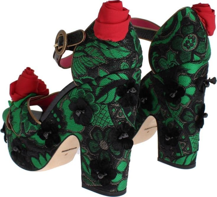 Green Brocade Snakeskin Roses Crystal Shoes - 2