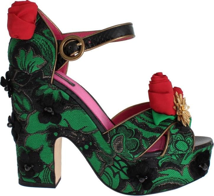 Green Brocade Snakeskin Roses Crystal Shoes - 3