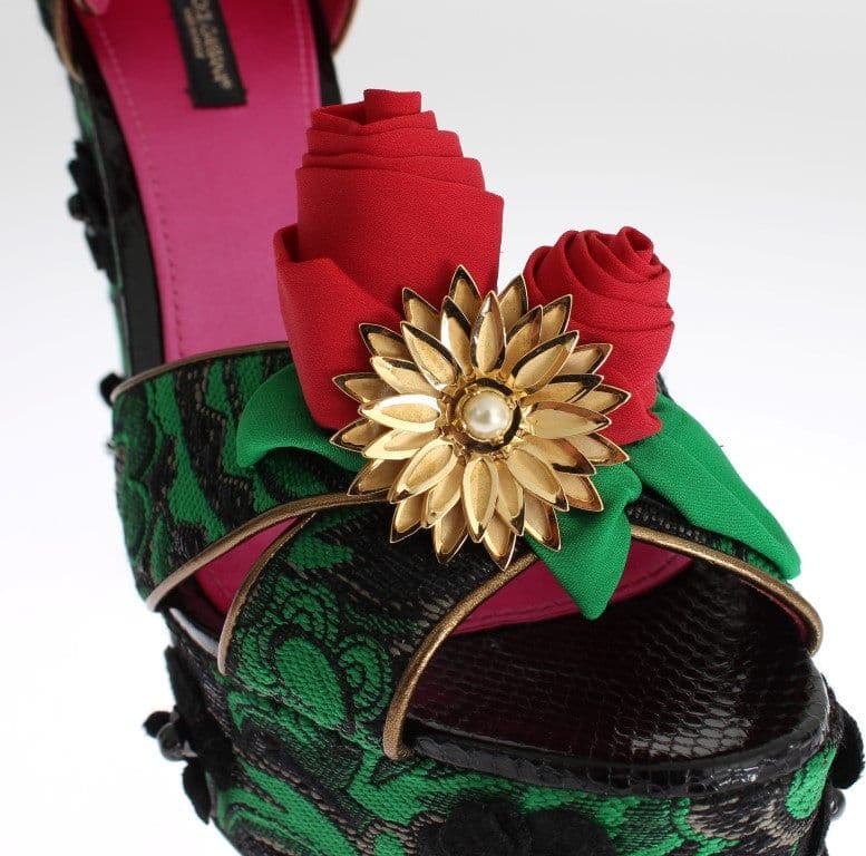 Green Brocade Snakeskin Roses Crystal Shoes - 5