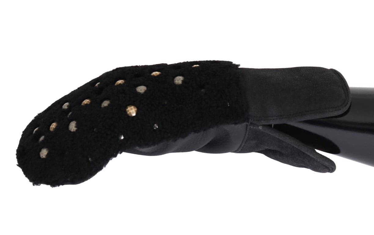 Black Leather Shearling Studded Gloves - 2