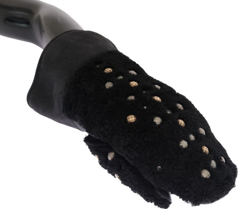 Black Leather Shearling Studded Gloves - 3