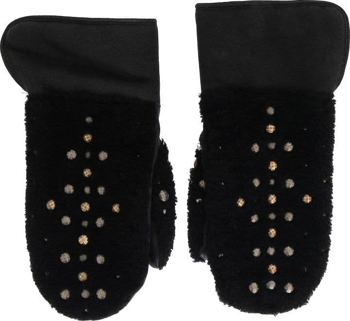 Black Leather Shearling Studded Gloves - 4