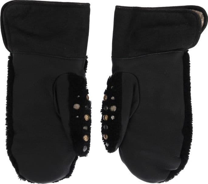Black Leather Shearling Studded Gloves - 5