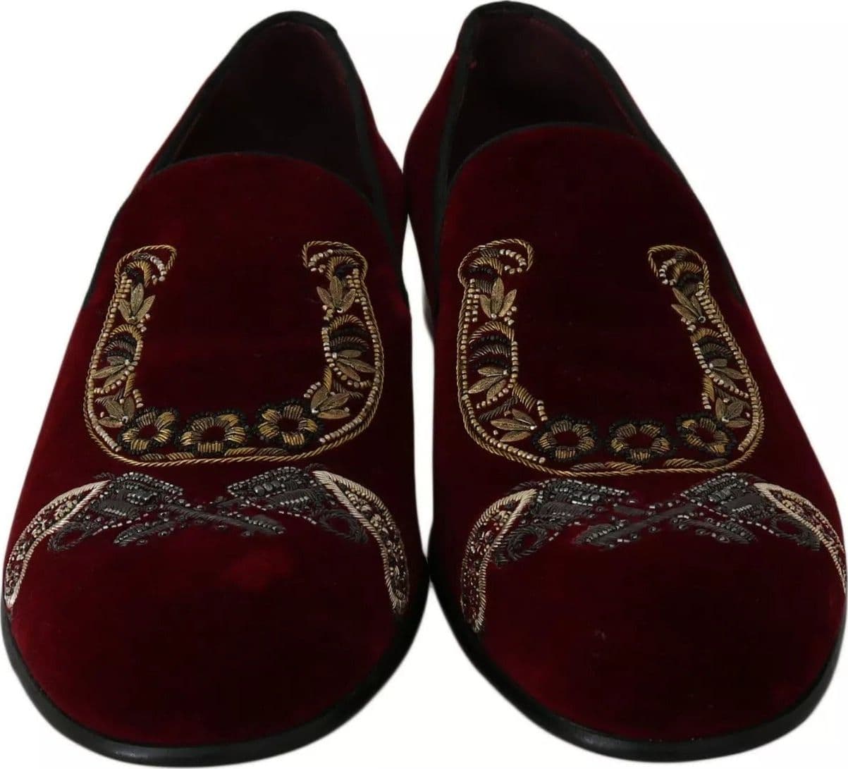Bordeaux Velvet Loafers Gun Horseshoe Shoes - 6