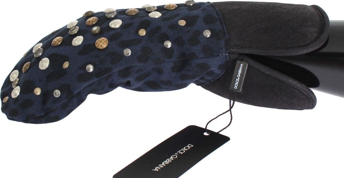 Gray Wool Shearling Studded Blue Leopard Gloves - 2