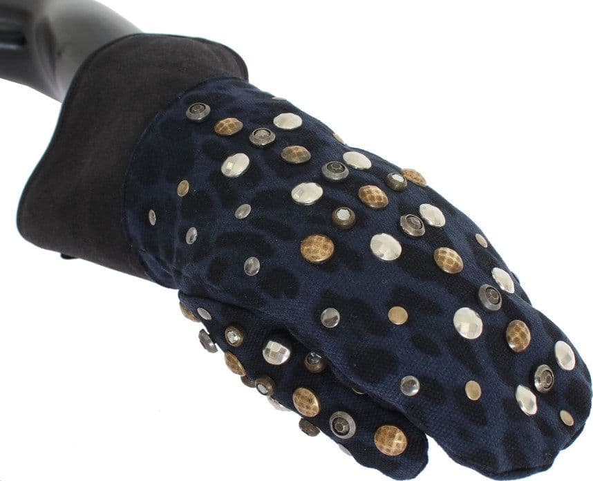 Gray Wool Shearling Studded Blue Leopard Gloves - 3
