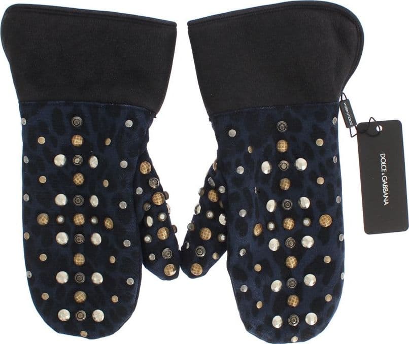 Gray Wool Shearling Studded Blue Leopard Gloves - 4