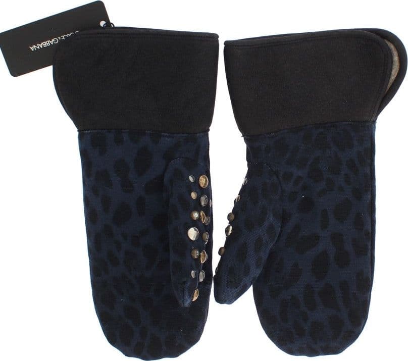 Gray Wool Shearling Studded Blue Leopard Gloves - 5