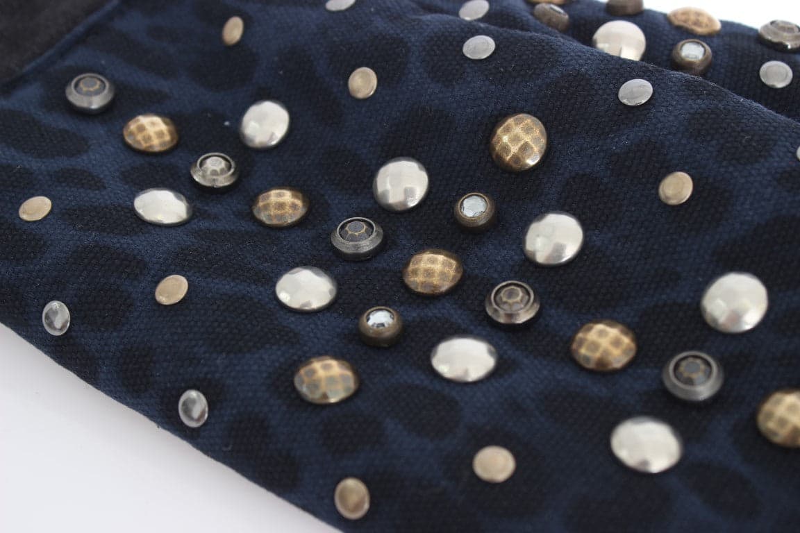 Gray Wool Shearling Studded Blue Leopard Gloves - 6