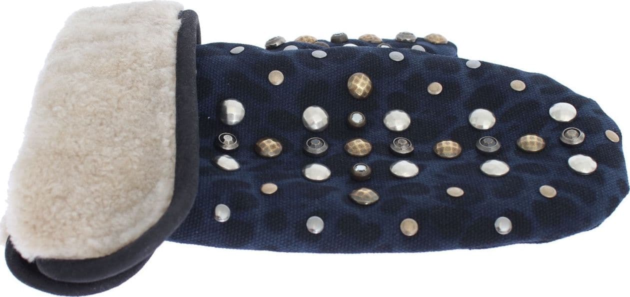 Gray Wool Shearling Studded Blue Leopard Gloves - 7