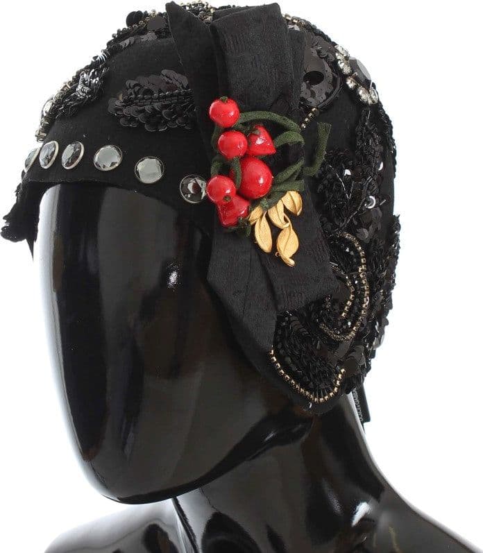Black Crystal Gold Cherries Brooch Hat - 2
