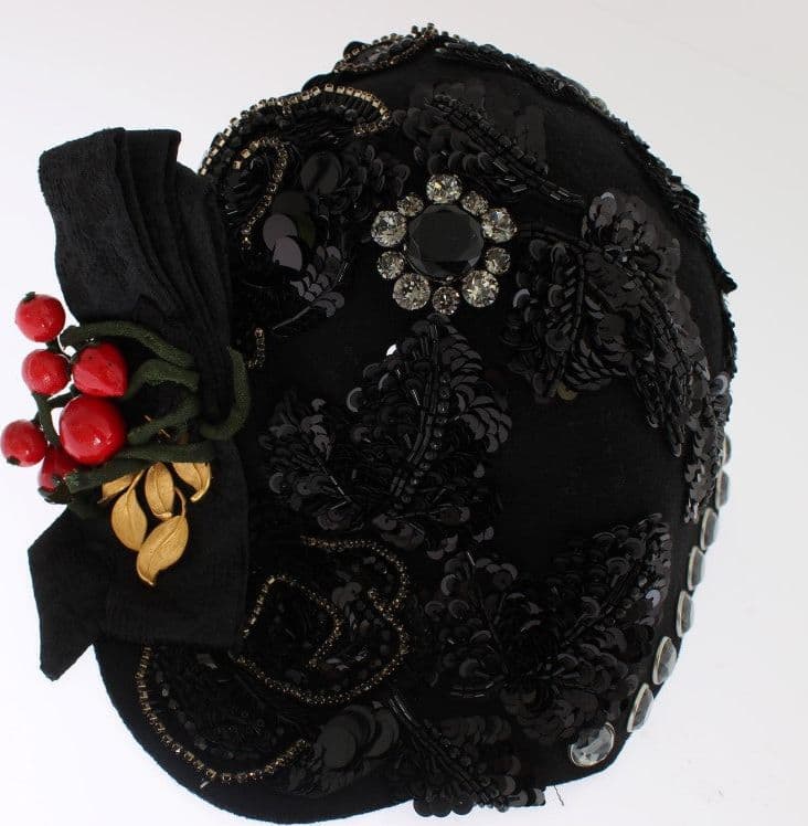 Black Crystal Gold Cherries Brooch Hat - 5