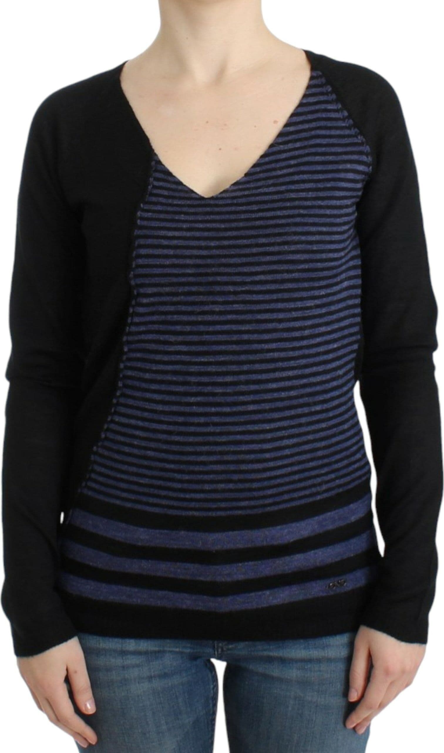 Black striped V-neck sweater