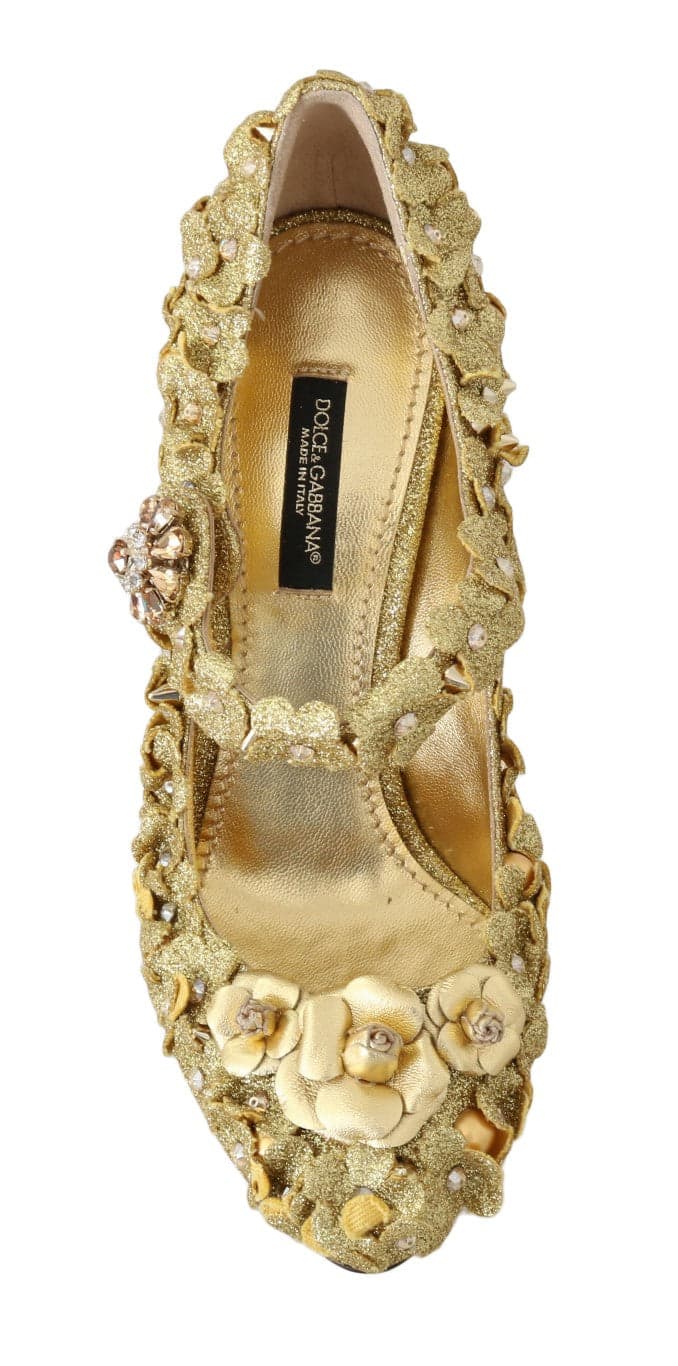 Gold Floral Crystal Mary Janes Pumps - 4