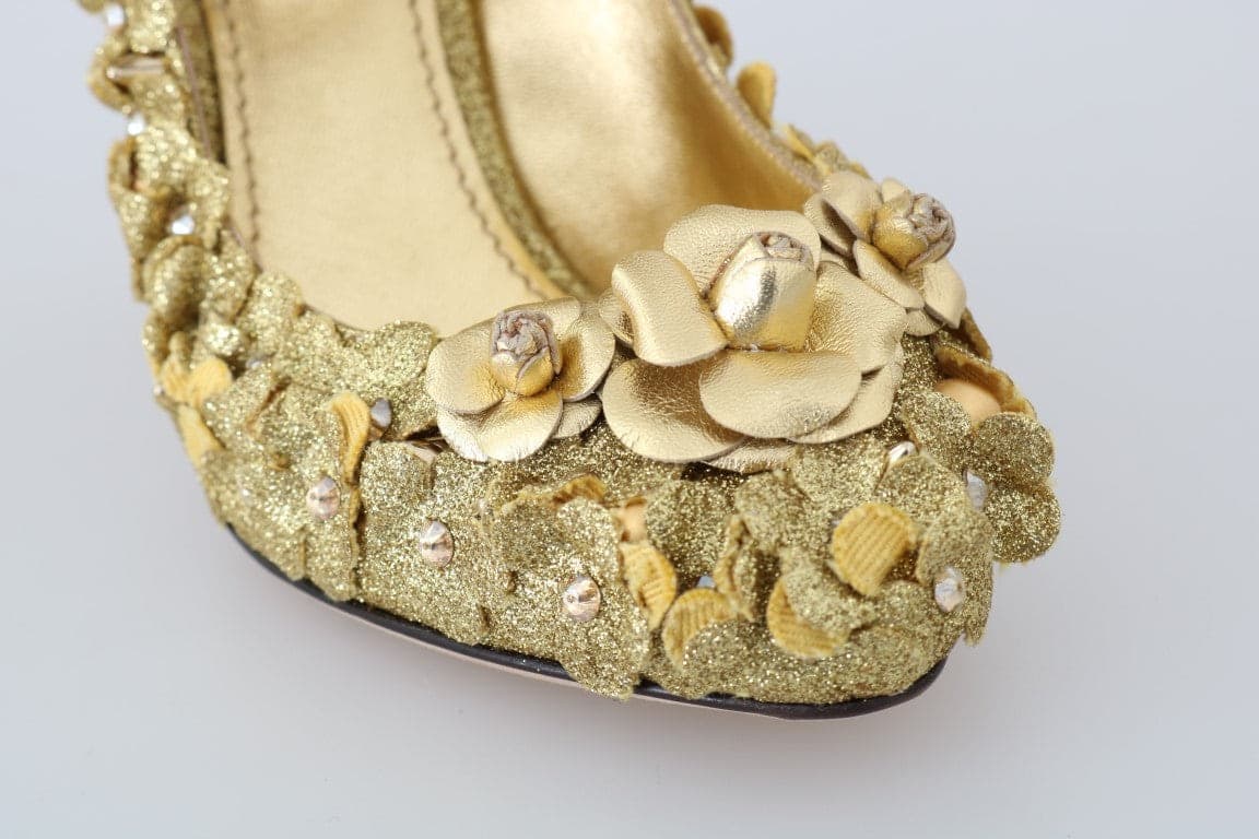 Gold Floral Crystal Mary Janes Pumps - 6